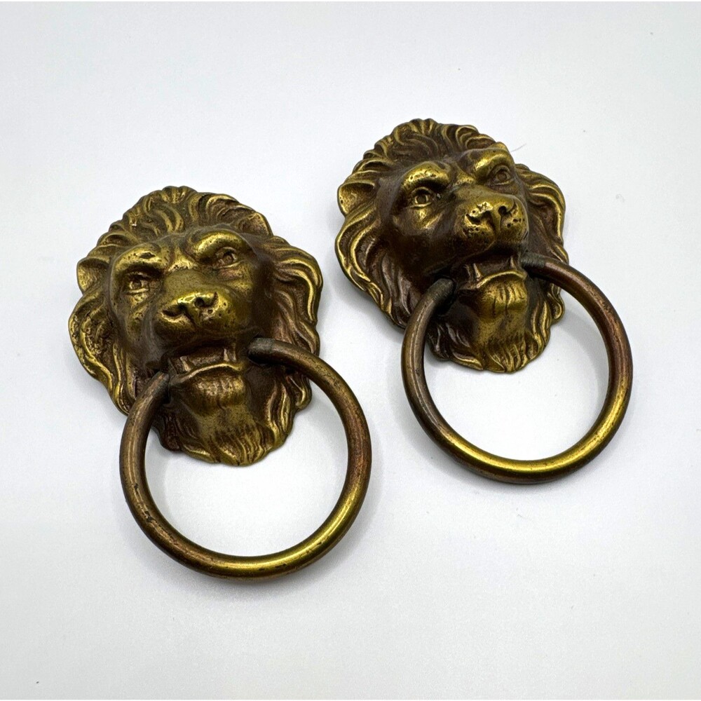 Pair of Lion Head Ring Pulls vintage brass Metal Cabinet Hardware 3.5”